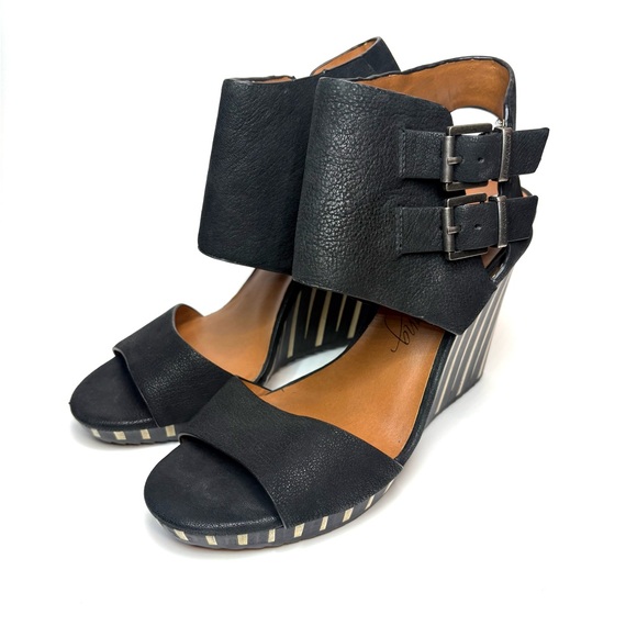 Arturo Chiang Striped Leather Wedge Sandals | 8 - Picture 2 of 8